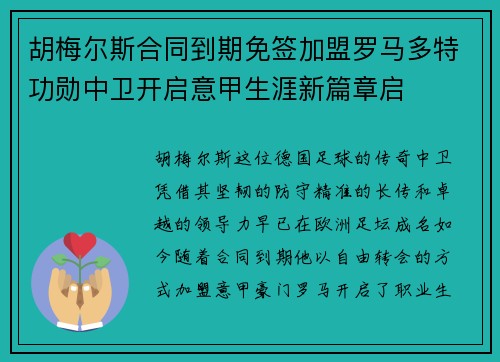 胡梅尔斯合同到期免签加盟罗马多特功勋中卫开启意甲生涯新篇章启